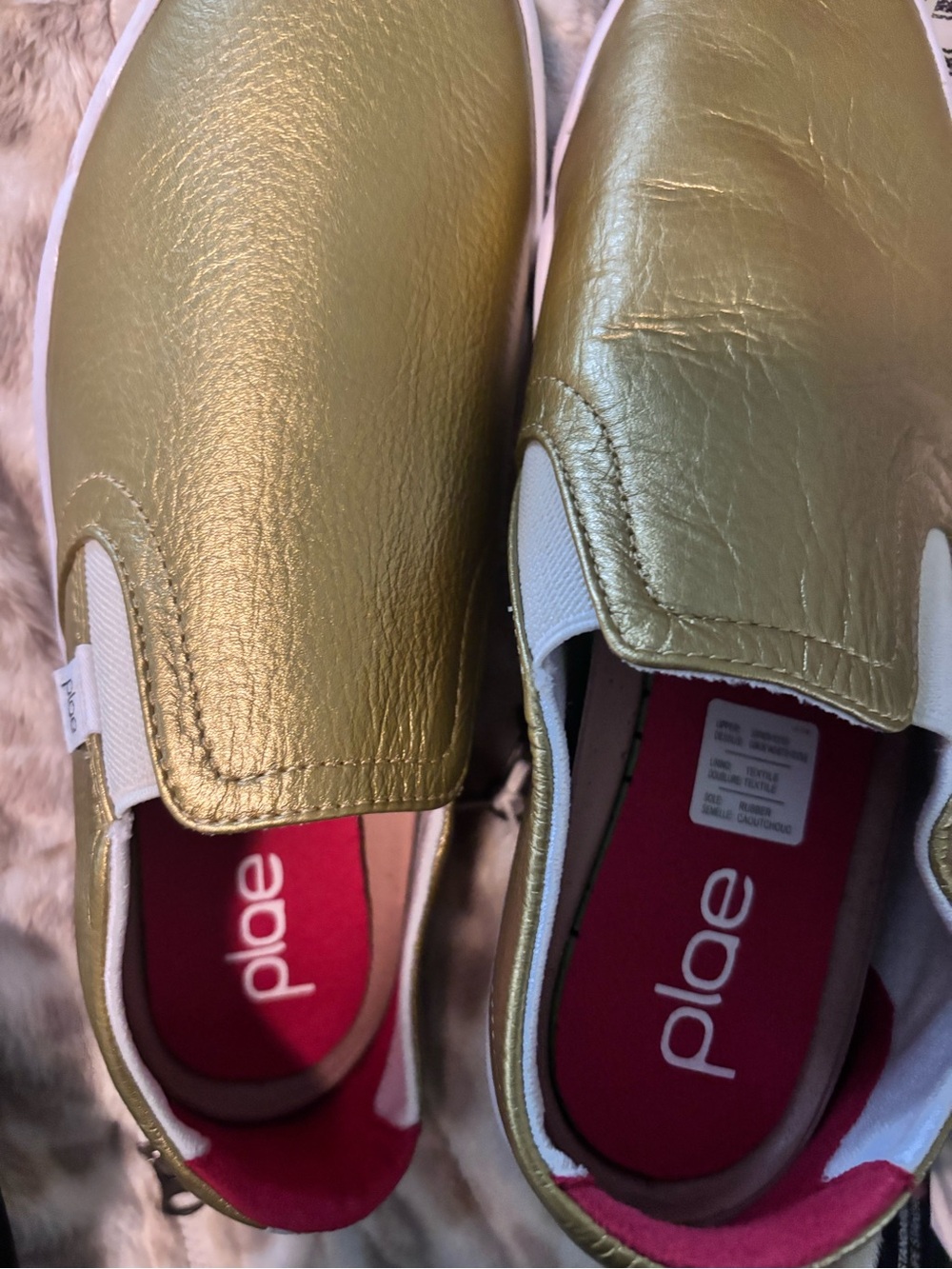 PLAE Metallic Gold Slip-On Sneakers with Pink Insole